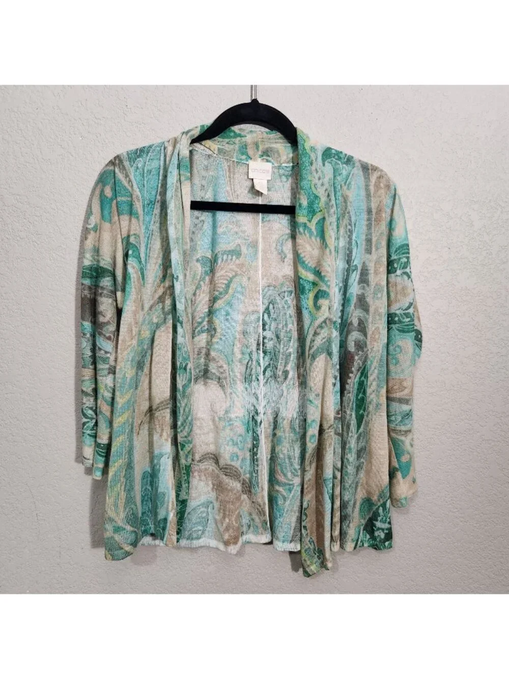 Chicos Cardigan Womens Size 0 Small Abstract Paisley Beige Green